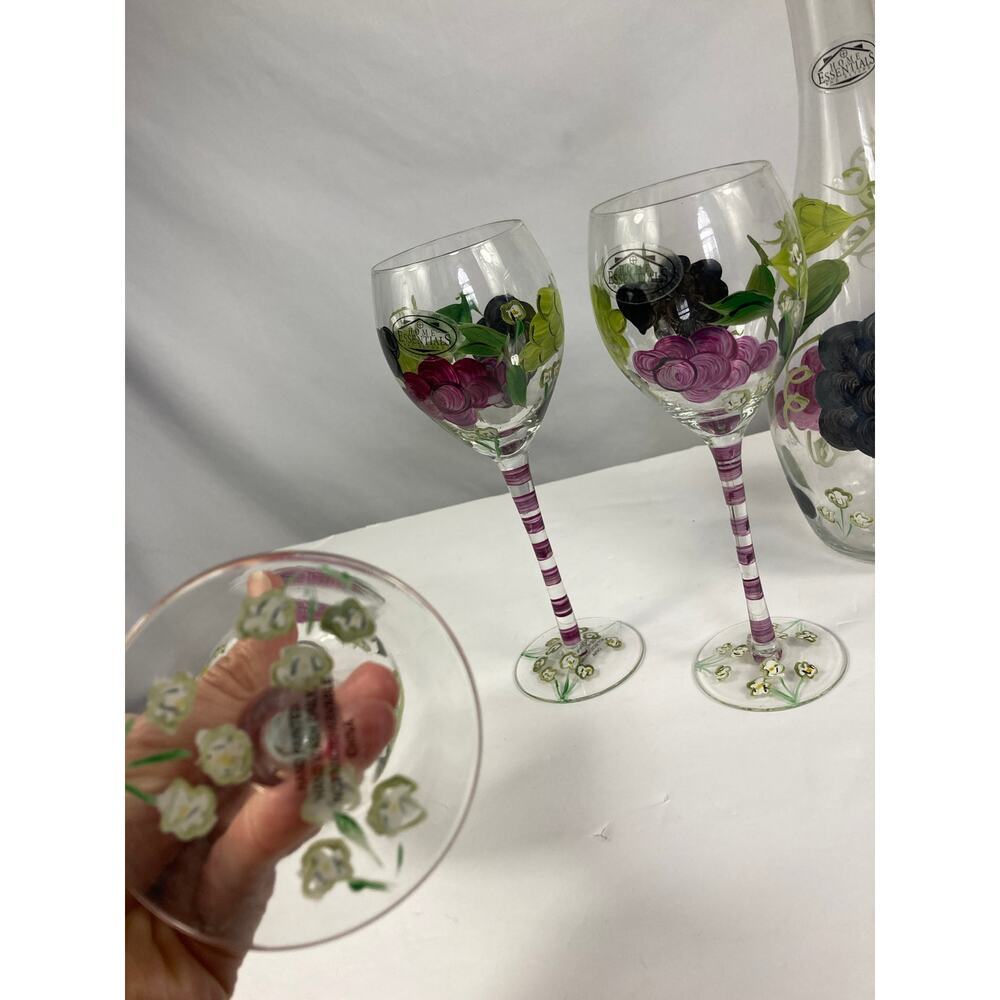 Home Essentials and Beyond Hand Painted Grape and Leaf 3 Wine Glass and Decanter - Picture 3 of 4